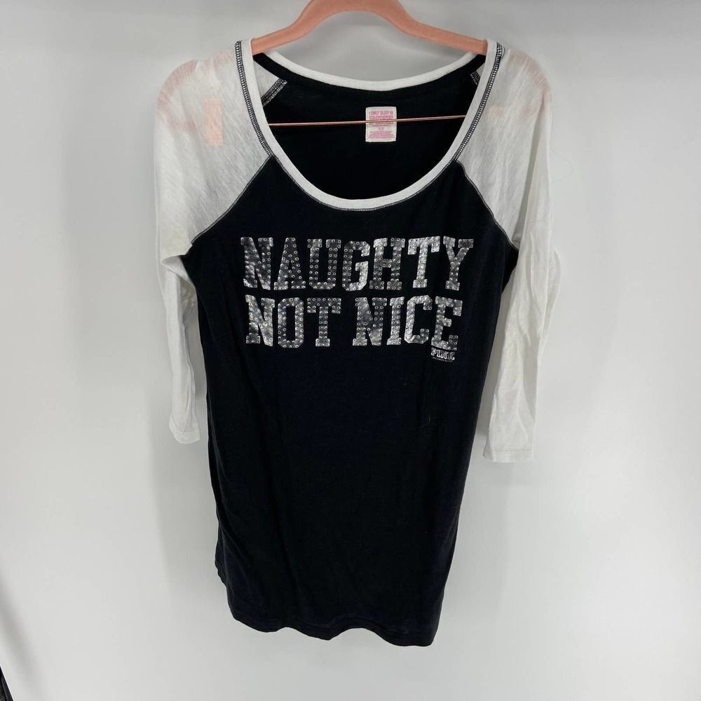 PINK Naughty or Nice black white raglan Rhinestone Night shirt womens small